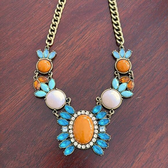 Betsey Johnson Orange & Blue Crystal Flower Boho Choker Statement Necklace - Picture 6 of 6